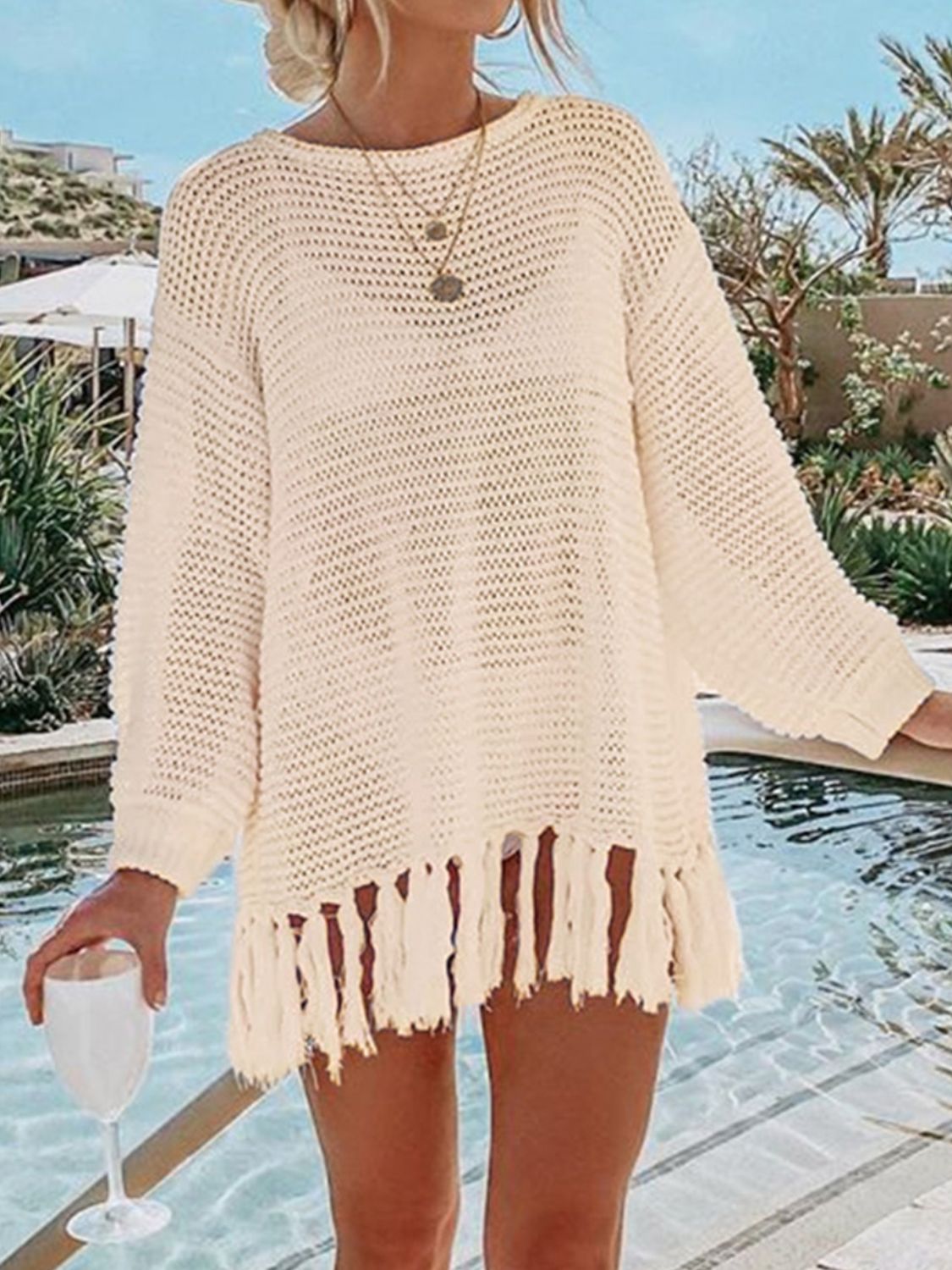 Openwork Tassel Hem Knit Cover Up