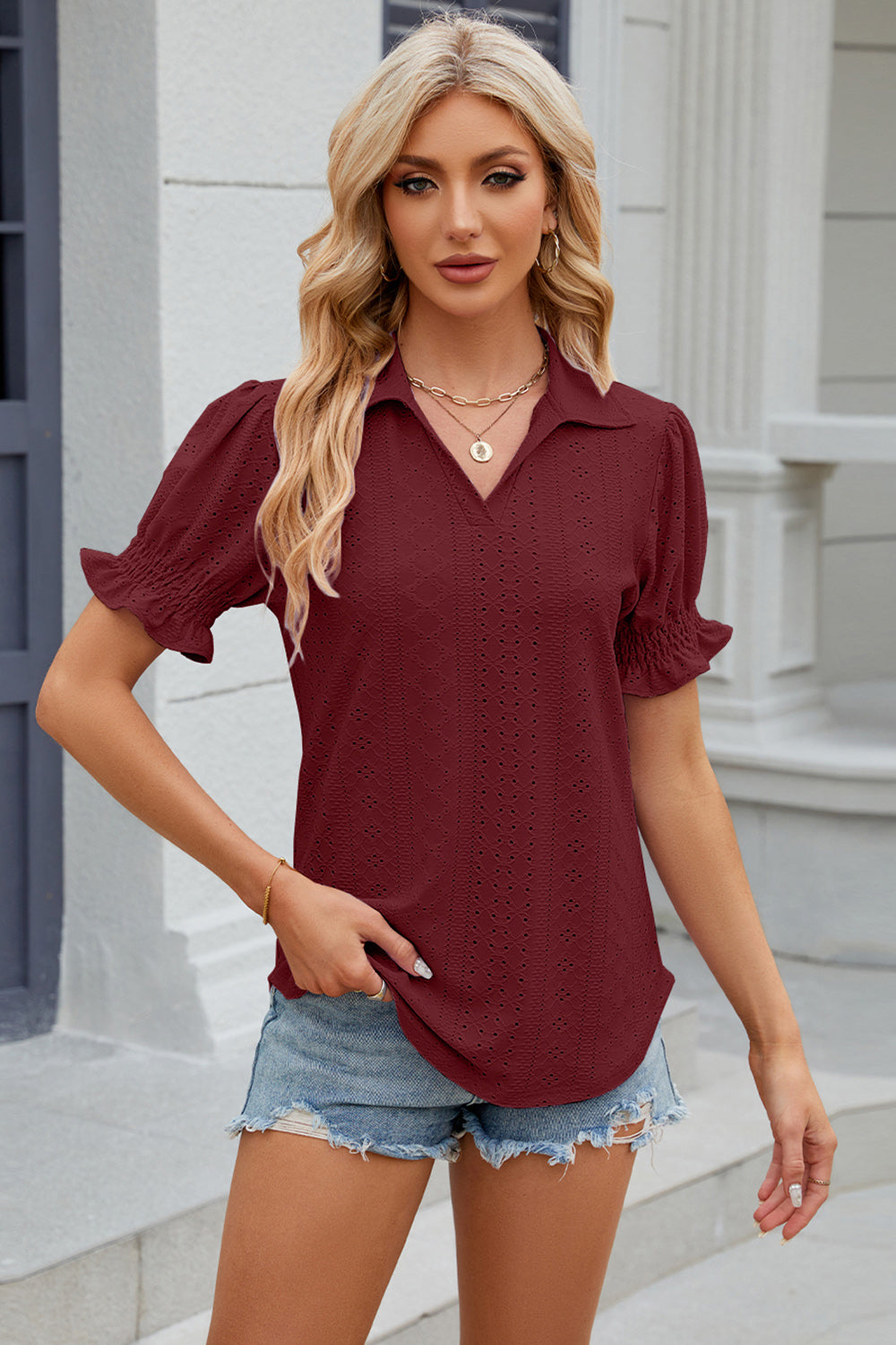 Johnny Collar Short Sleeve Blouse