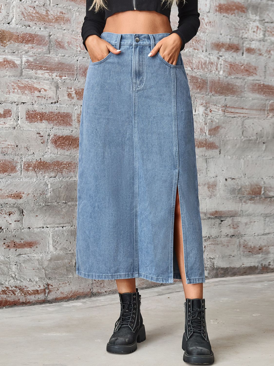 High Waisted Denim Skirt with Slit