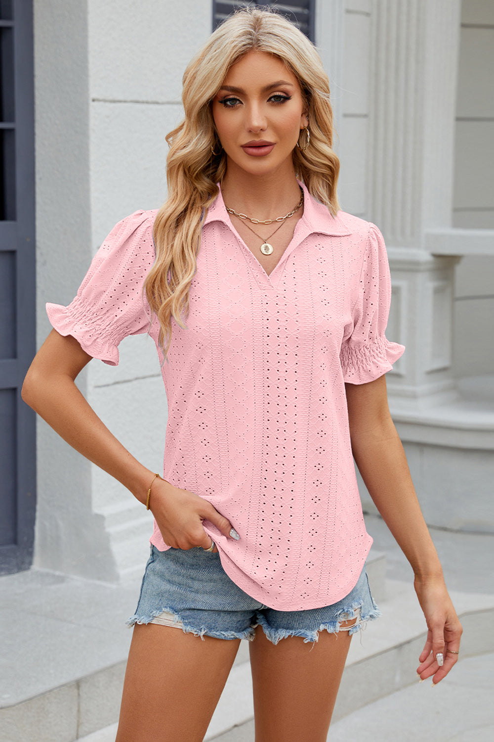 Johnny Collar Short Sleeve Blouse