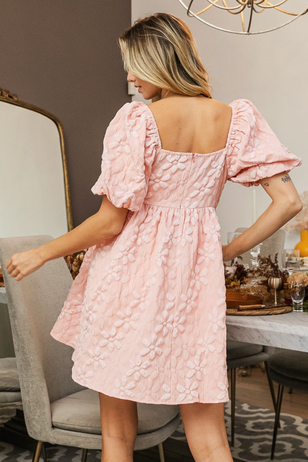 3D Flower Puff Sleeve Dress