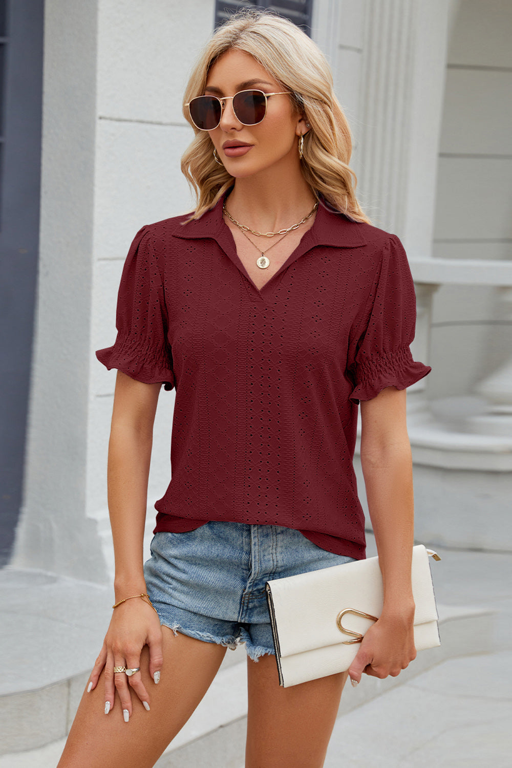 Johnny Collar Short Sleeve Blouse