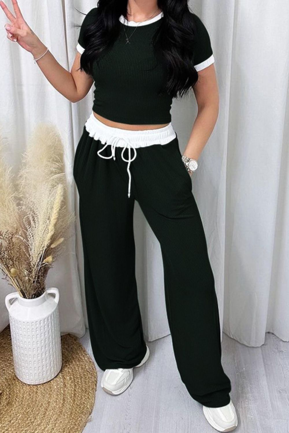 Clean Contrast Top and Pants Set