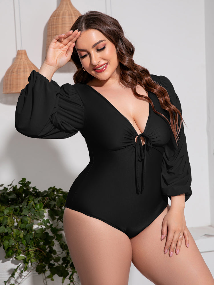 Tied Deep V Plus Size One-Piece Swimsuit