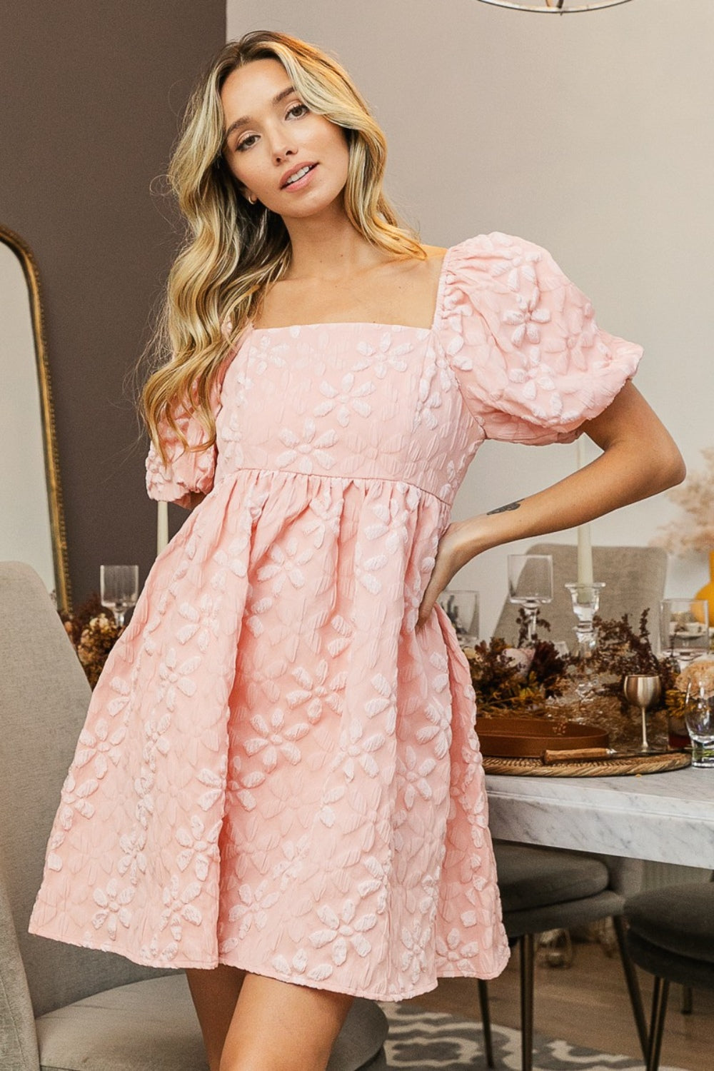 3D Flower Puff Sleeve Dress