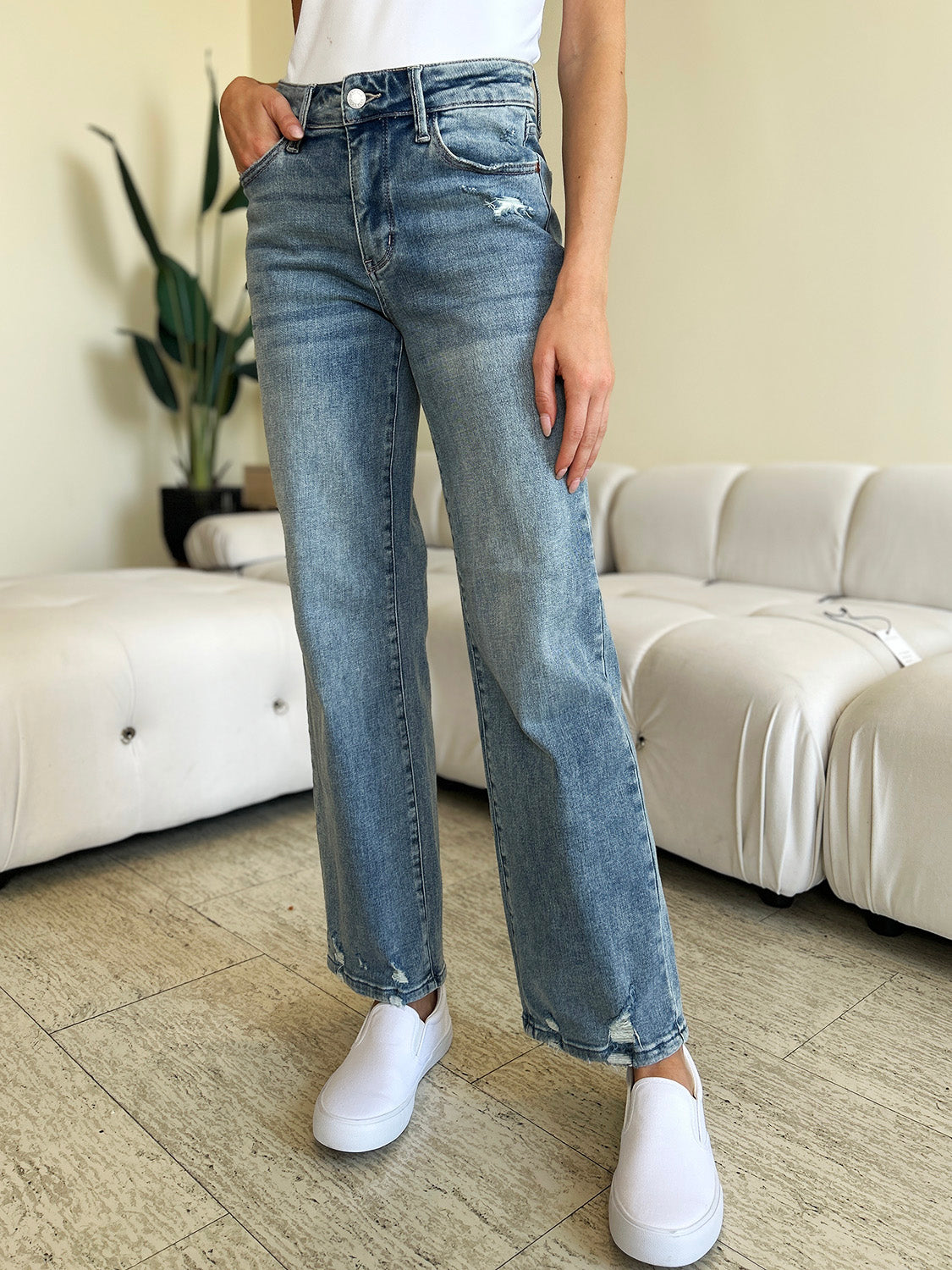 High Waisted Distressed Straight Cut Jeans