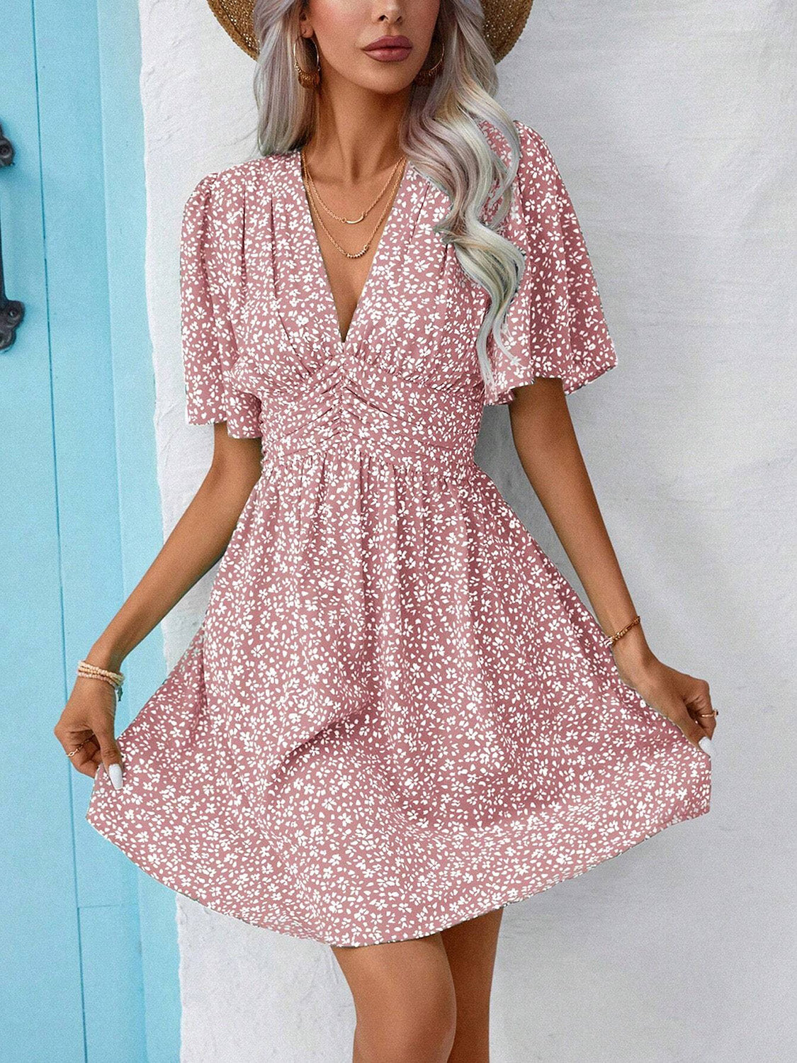 V-Neck Half Sleeve Mini Dress