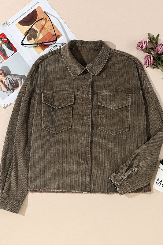 Faux Corduroy Pocketed Collared Jacket