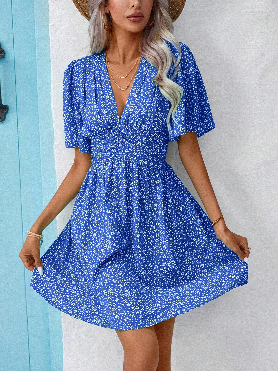 V-Neck Half Sleeve Mini Dress