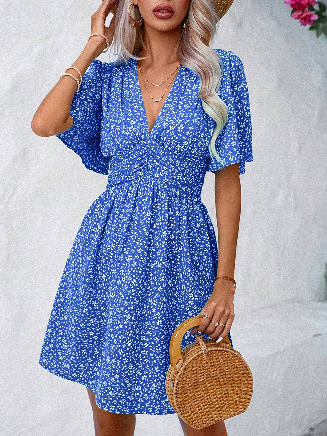 V-Neck Half Sleeve Mini Dress