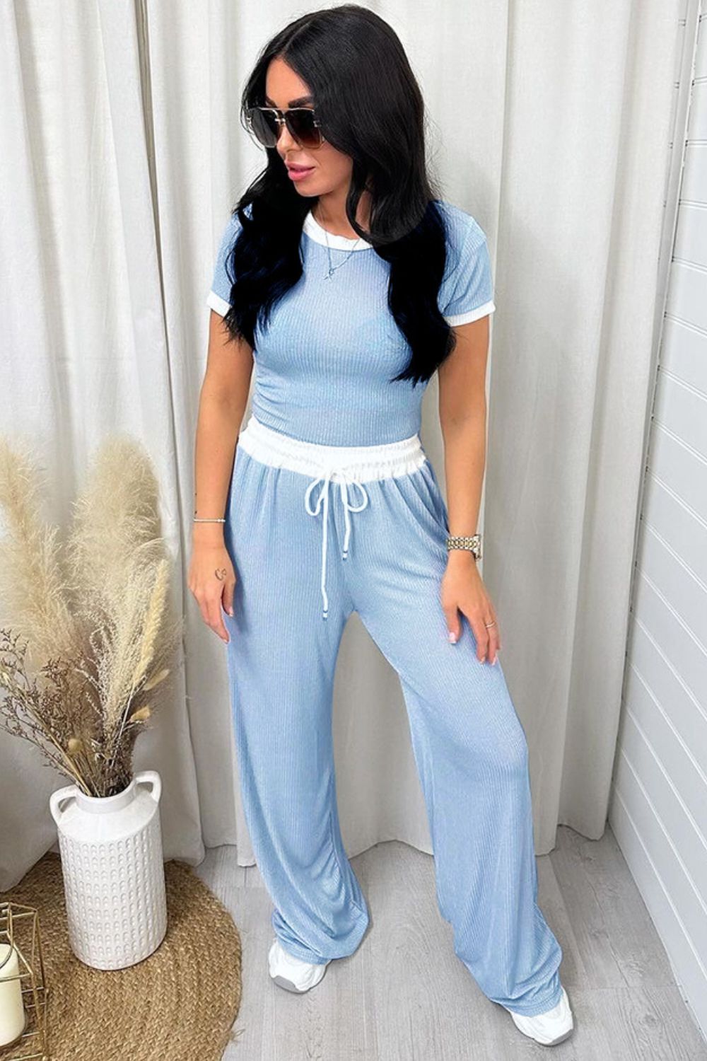 Clean Contrast Top and Pants Set