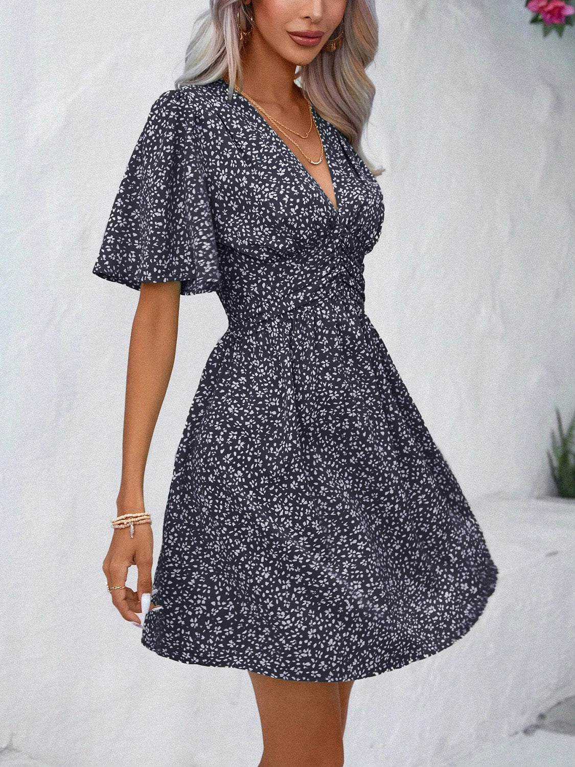 V-Neck Half Sleeve Mini Dress