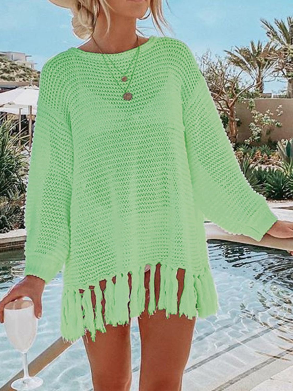 Openwork Tassel Hem Knit Cover Up