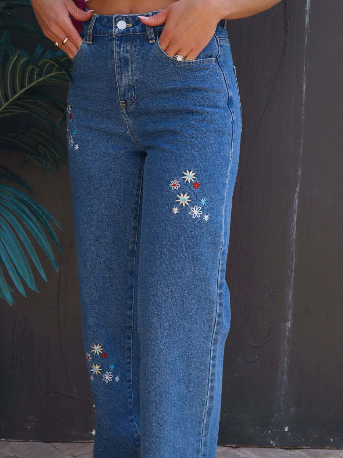 Flower Embroidered Straight Jeans