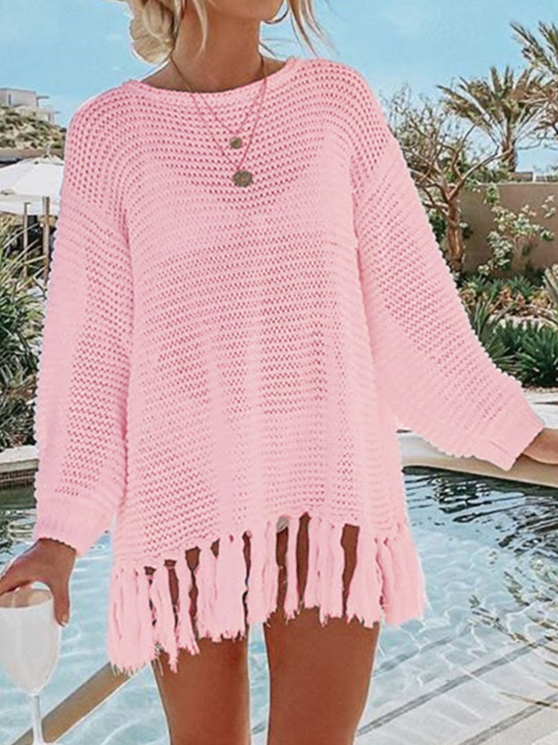 Openwork Tassel Hem Knit Cover Up