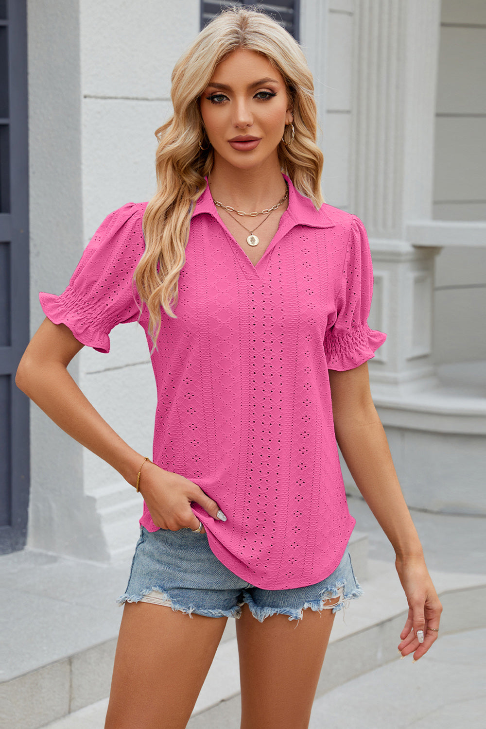 Johnny Collar Short Sleeve Blouse