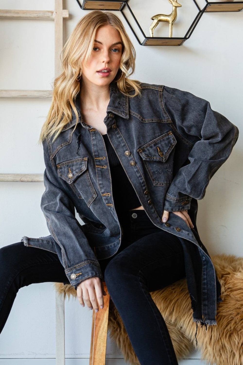 Distressed Frayed Hem Denim Jacket