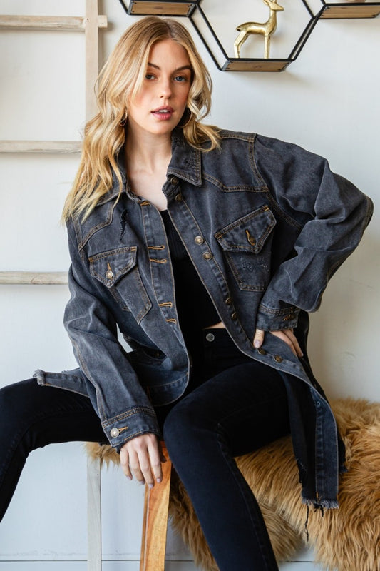 Distressed Frayed Hem Denim Jacket