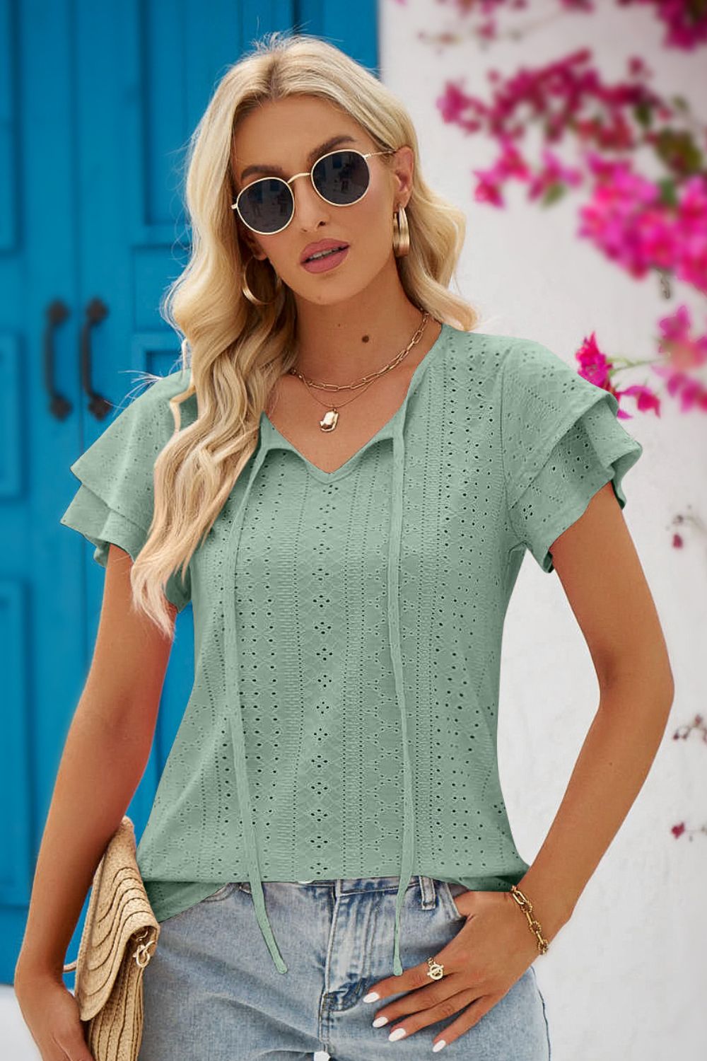 Tie-Neck Flutter Sleeve Blouse