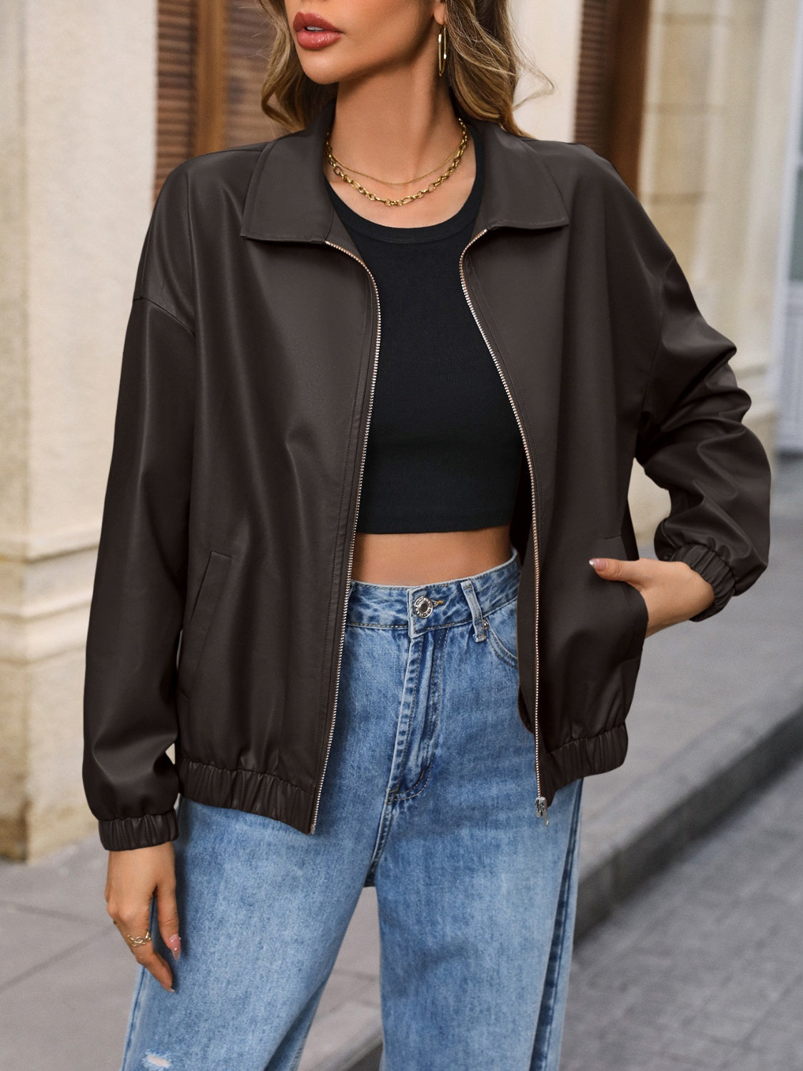 Faux Leather Zip Up Jacket