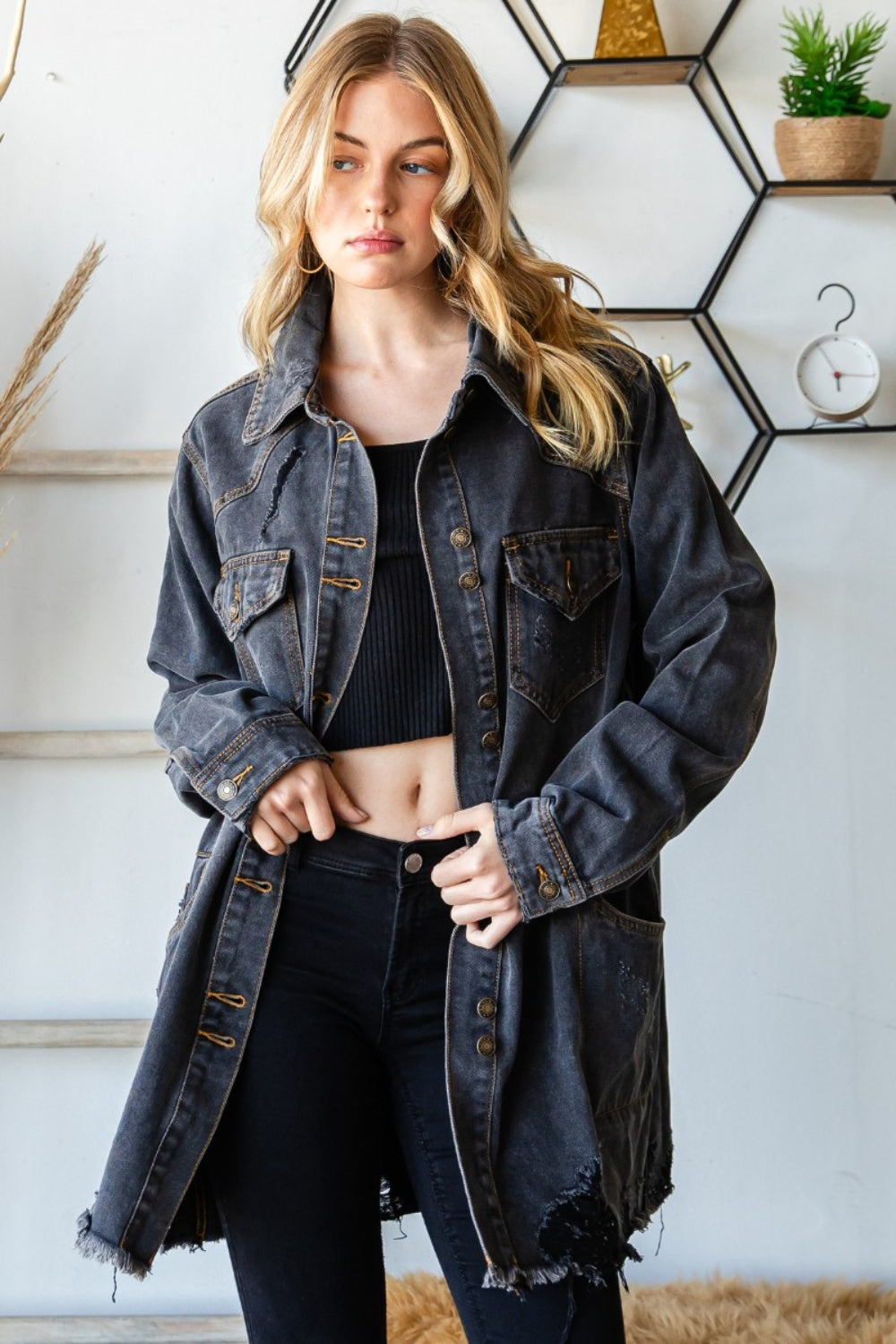 Distressed Frayed Hem Denim Jacket