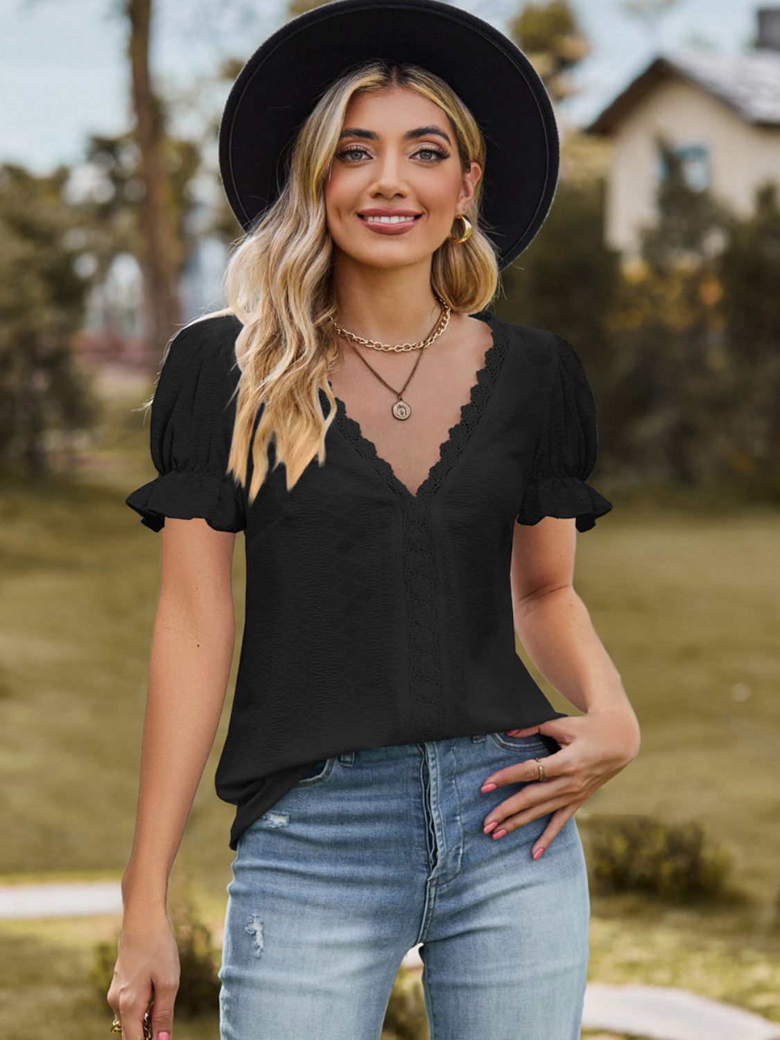 Lace Detailed V-Neck Blouse