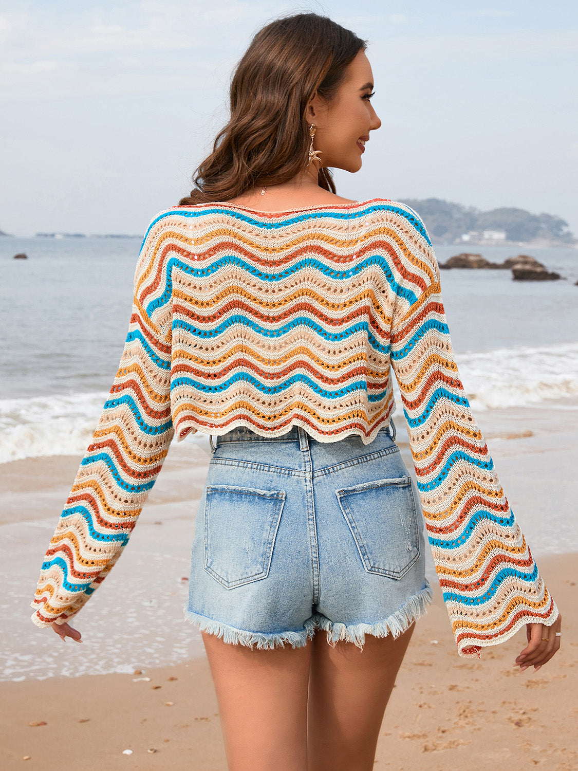 Striped Open Knit Long Sleeve Cover Up